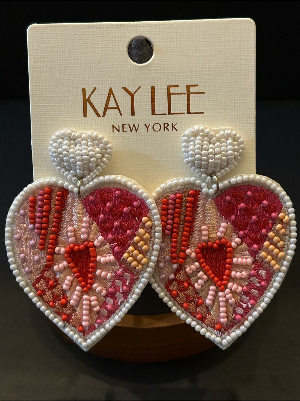 Kay Lee Handmade Beaded Pink, Red, White & Yellow Heart Drop Earrings NWT